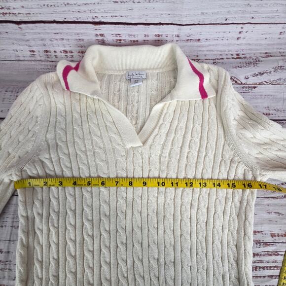 Nicole Miller White Pink Stripe Polo Cable Knit Sweater M Prep School Girl Lux - Picture 6 of 9